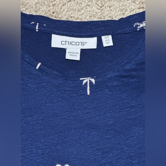 Chicos XS Foiled Flutter Sleeve Linen Tee Palm Trees Ruffles Top - Picture 2 of 5